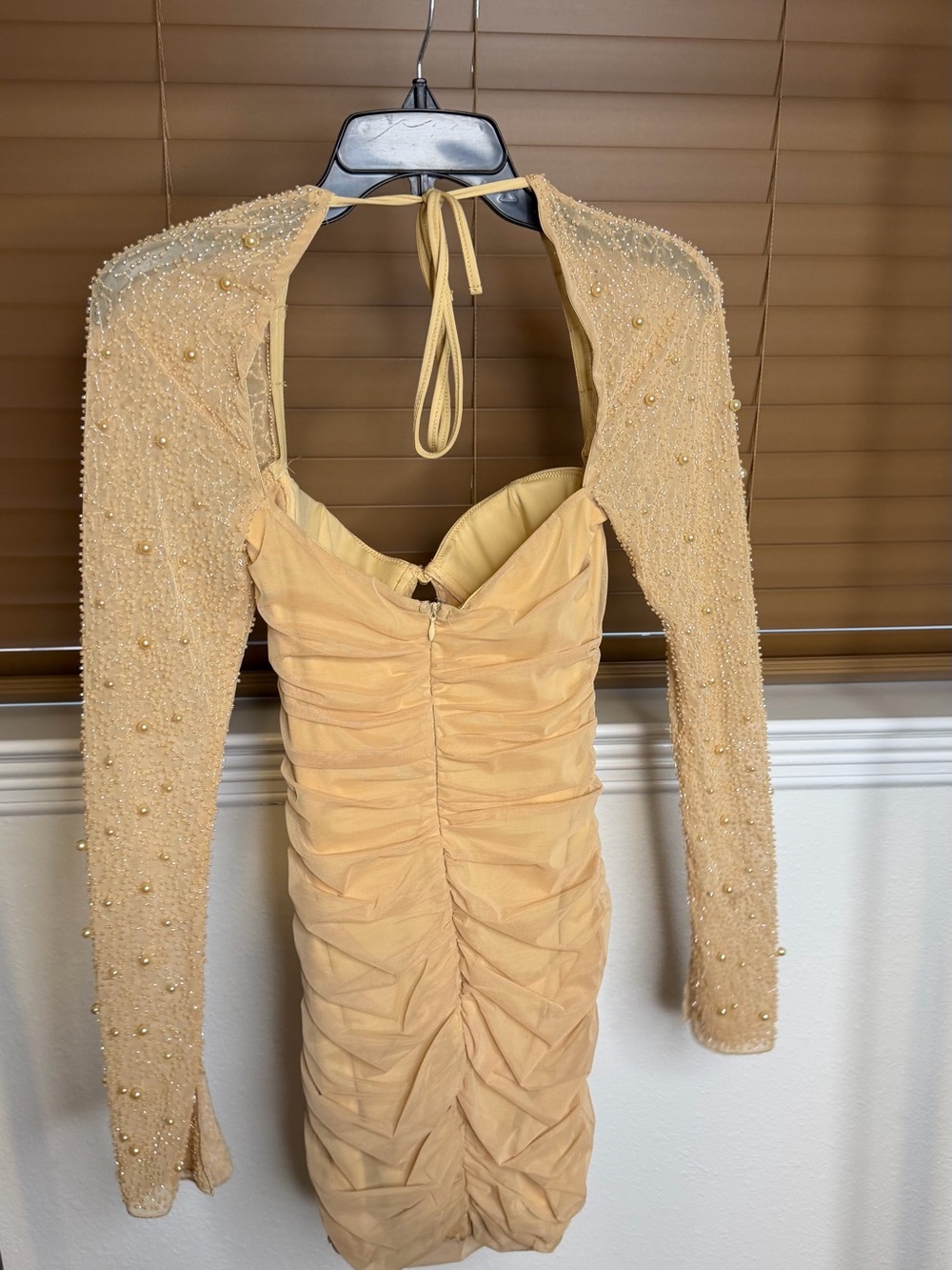 Oh Polly Beige Sheer-Sleeve Bodycon Mini Dress - Picture 6 of 7